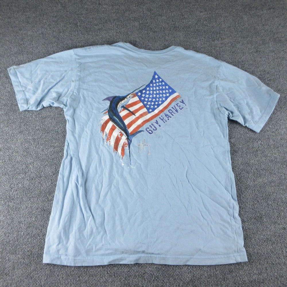 Guy Harvey Shirt Mens Large Blue American Flag Fish Patriotic Graphic Tee